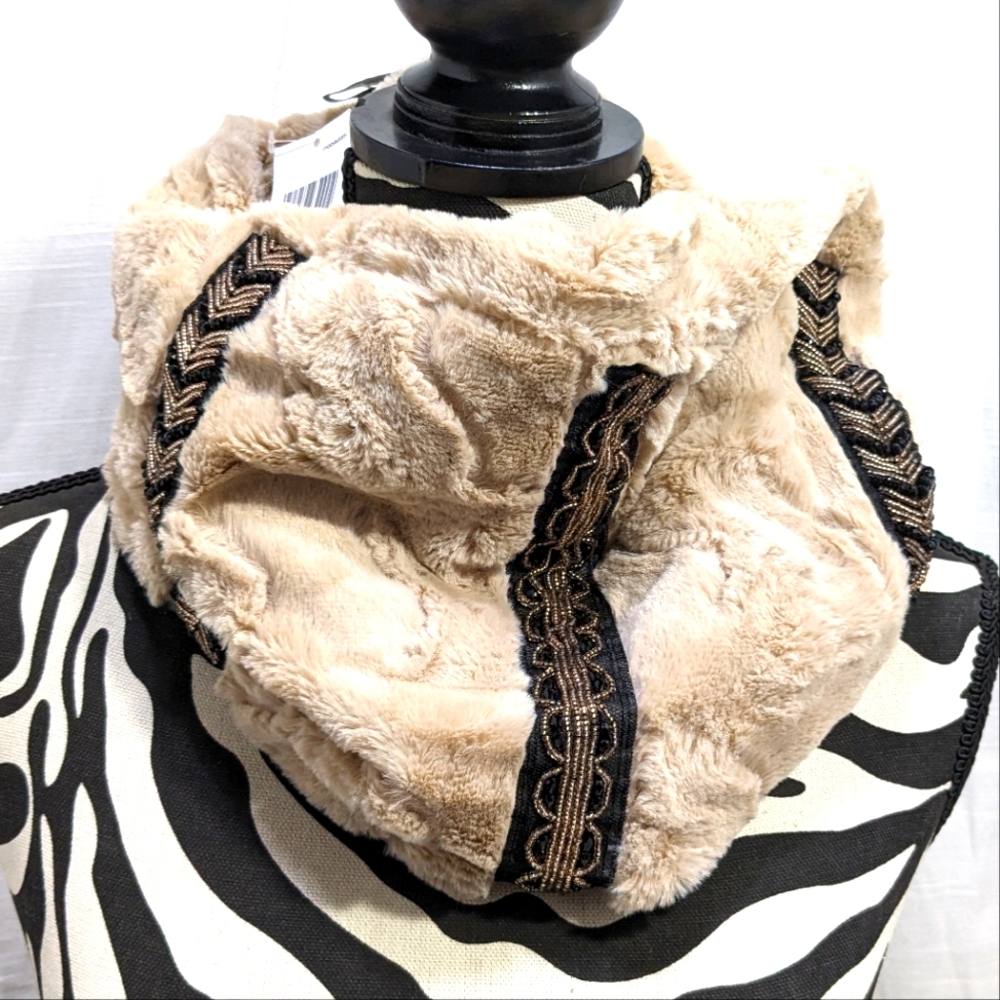International Concepts Tan Faux Fur Embellished Beaded Cowl Loop Scarf
